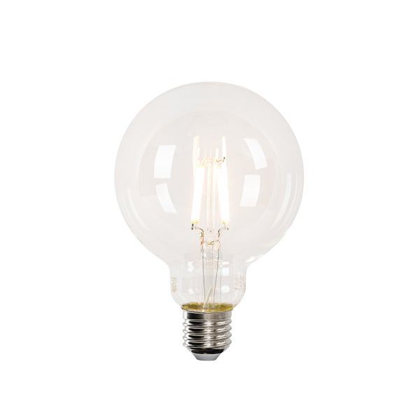 LED Filament Leuchtmittel in Globusform mit klarem Glas und E27 Sockel.