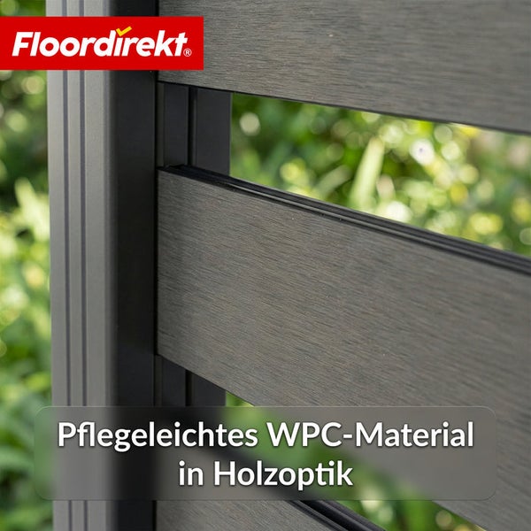 Nahaufnahme eines Zaunelements aus WPC-Material mit Holzoptik und Floor direkt Logo.