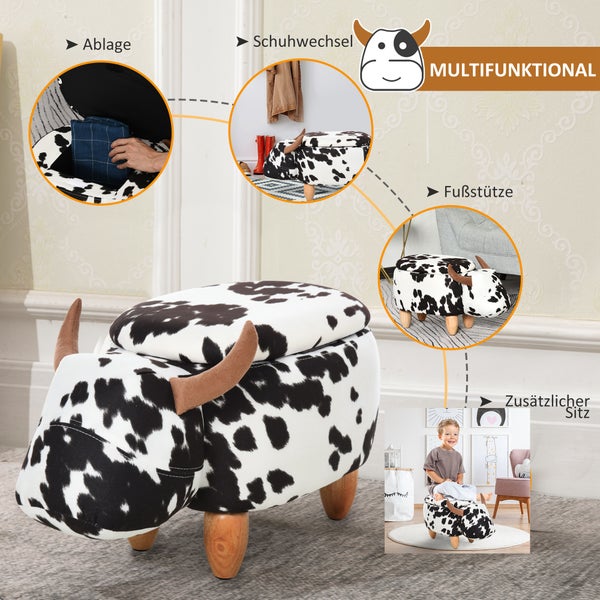 HOMCOM Tierhocker, Dekohocker mit Stauraum, Polsterhocker, Sitzhocker, Sitzbank mit Tier-Design, für Wohnzimmer, Schweinchen Fußbank, Schwarz+Weiß, 62 x 35 x 36 cm