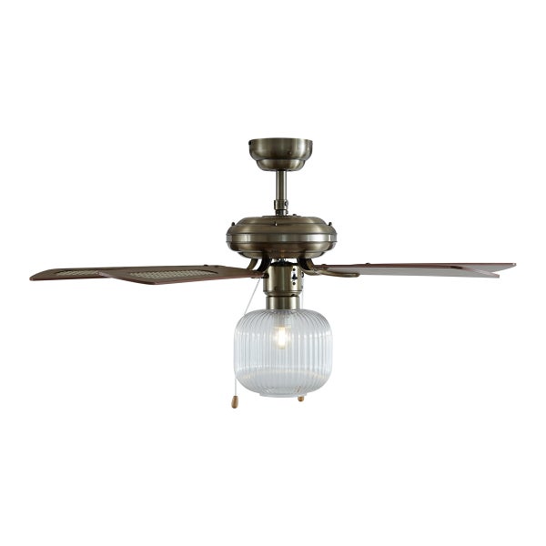 Deckenventilator mit Beleuchtung, vier braune Holzflügel, Gehäuse aus antikem Messing, geriffeltes Glas