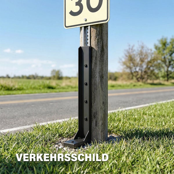 Holzpfosten für ein Verkehrsschild mit schwarzer Metallhalterung am Boden neben einer Straße.