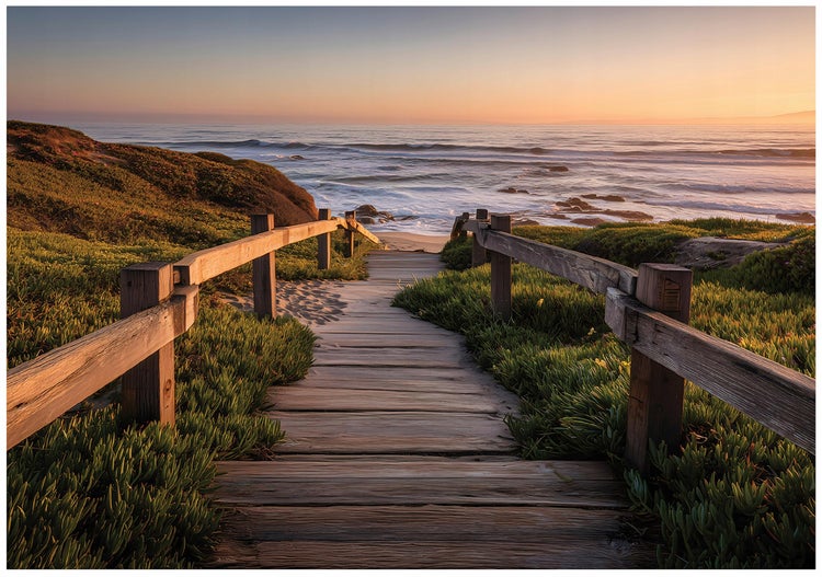 Fototapete Holzsteg mit Geländer durch Küstenvegetation zum Strand und Meer bei Sonnenuntergang.