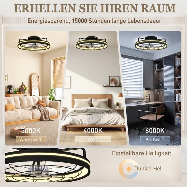 Deckenventilator mit Licht in drei Farbtemperaturen: 3000 Kelvin Warmweiß, 4000 Kelvin Weiß und 6000 Kelvin Kaltweiß in verschiedenen Wohnräumen.