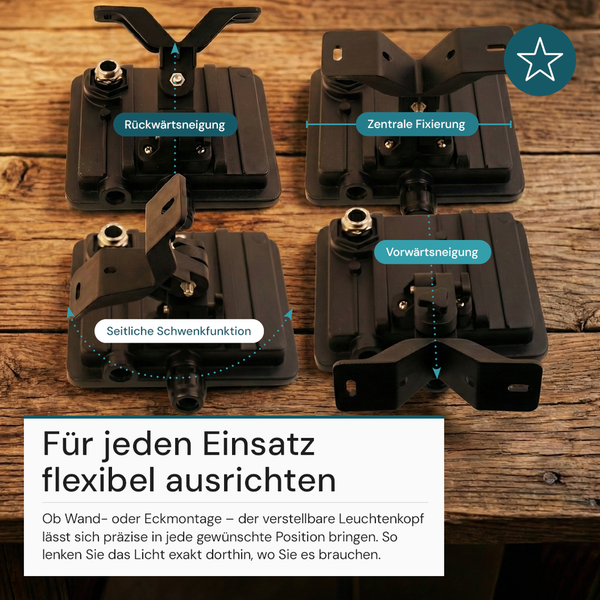 Vier schwarze Lampenhalter mit unterschiedlichen Neigungswinkeln demonstrieren die Flexibilität bei der Ausrichtung.