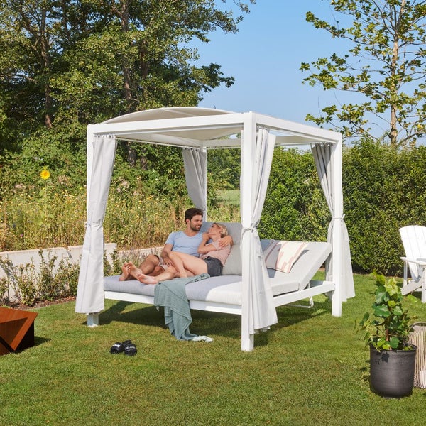 Home Deluxe - Sonnenliege - LYON, Maße: ca. 208 x 188 x 207 cm, FARBE: Weiß, Loungebett für 2 Personen, inkl. Vorhänge und Sonnendach I Gartenliege Doppelliege Gartenliege