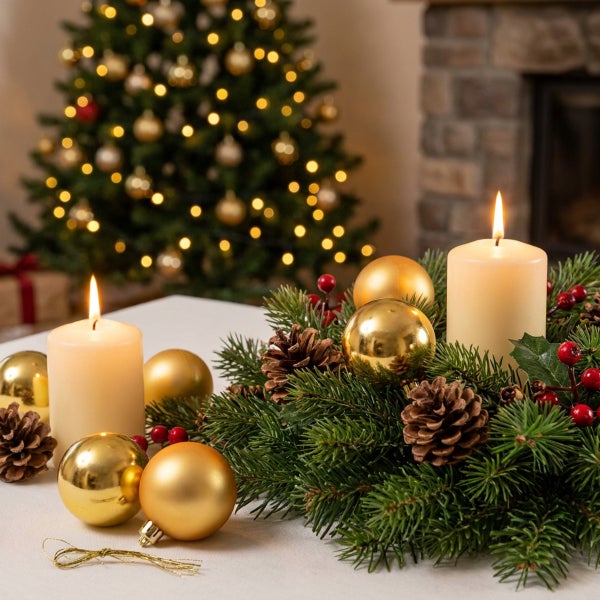 Weihnachtskranz aus Tannenzweigen mit brennenden Stumpenkerzen, Zapfen und Weihnachtskugeln vor einem geschmückten Weihnachtsbaum.