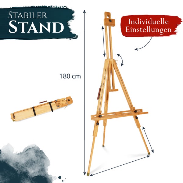 Verstellbare Feldstaffelei aus Holz mit einer maximalen Höhe von 180 Zentimetern inklusive Klappmechanismus für einfachen Transport.