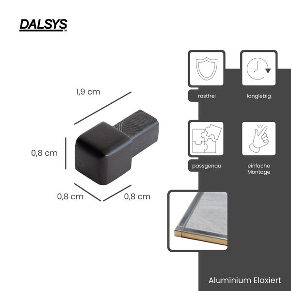 Dalsys Logo, Endkappe für Fliesenprofile, eloxiertes Aluminium, 1,9 mal 0,8 mal 0,8 Zentimeter, rostfrei, langlebig, passgenau, einfache Montage.