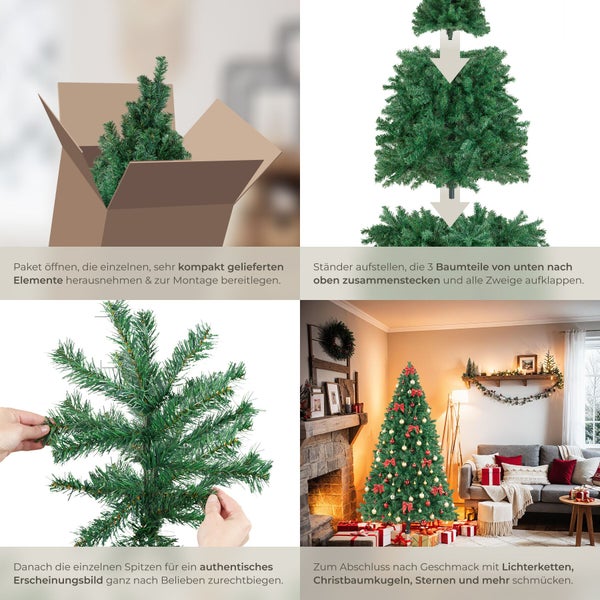 Montageanleitung für einen künstlichen Weihnachtsbaum mit Darstellung der Schritte vom Auspacken bis zum geschmückten Baum im Wohnzimmer.