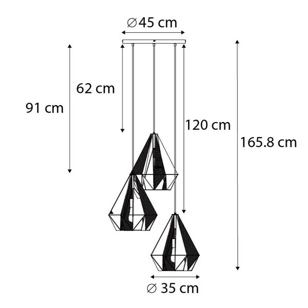 Technische Zeichnung einer Hängeleuchte mit den Maßen 45, 62, 91, 35, 120 und 165,8 cm.