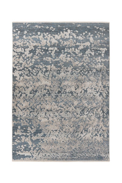 Rechteckiger Teppich mit abstraktem Muster und Vintage-Optik in Blau und Grau.