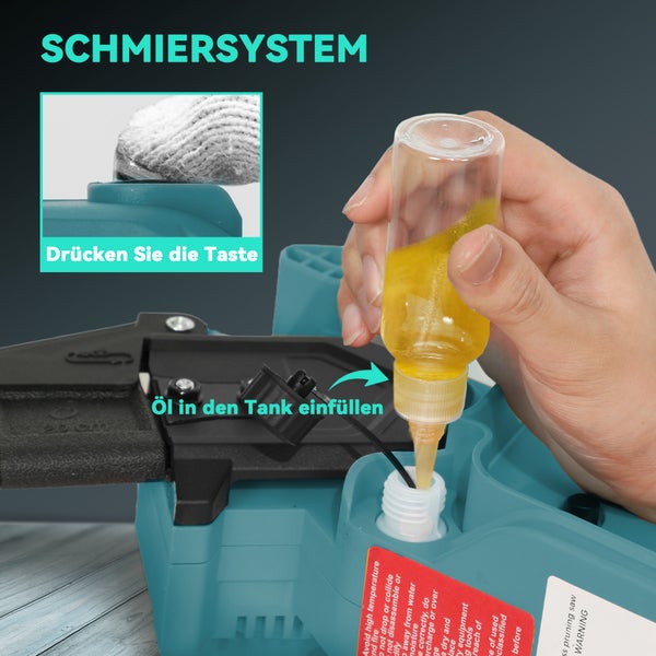 Schmiersystem: Öl wird in den Tank der Astsäge gefüllt.