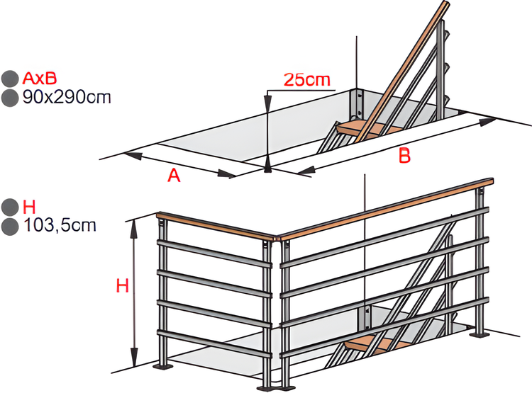 HANDYSTAIRS gerade Treppe „Synth2“ – Metalltreppe (schwarz) mit 6 Kiefernholzstufen – Höhe 856 – 1066 mm