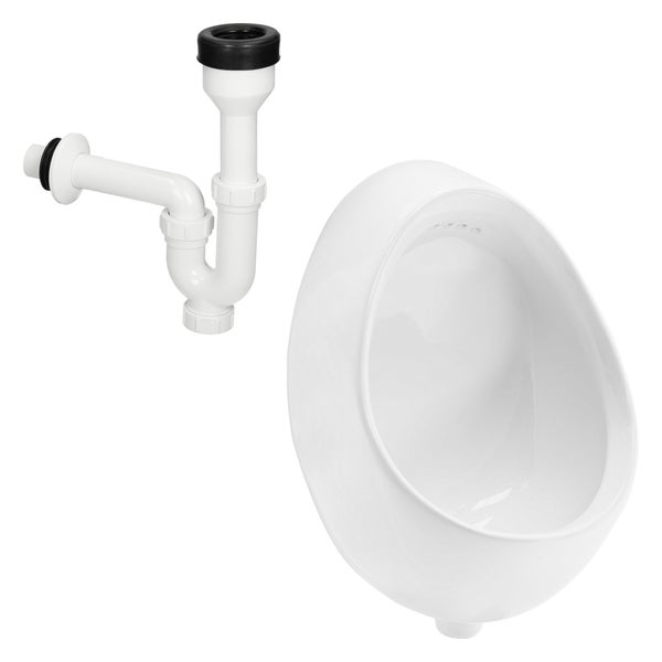 ECD Germany Urinal Zulauf von hinten Weiß inkl. Siphon, Keramik Pinkelbecken, Modernes Design Pissoir, 35 x 42 x 30 cm, Rund, Spülrand Geschlossen, Ablauf nach hinten, WC-Urinal Absaugeurinal Becken