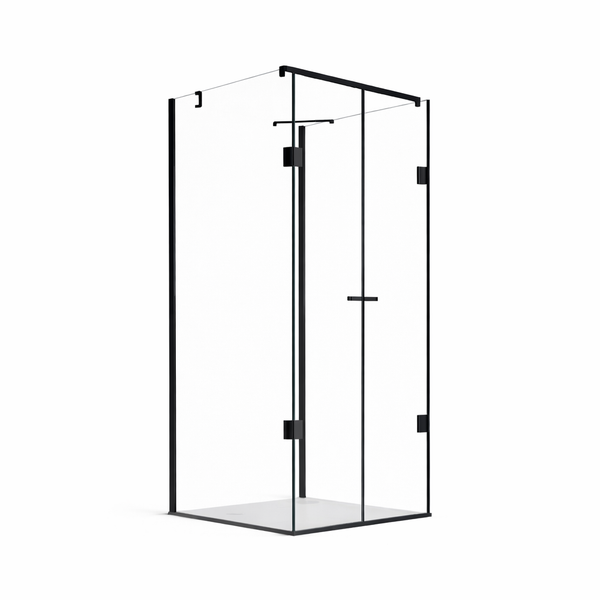 Eckdusche aus Klarglas mit schwarzen Profilen, Scharnieren und einem Türgriff.