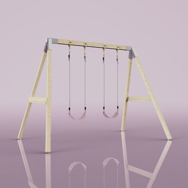 Doppelschaukel aus Holz mit zwei rosa flexiblen Schaukelsitzen und grauen Eckverbindern aus Metall.