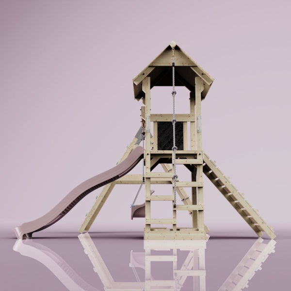 Holzspielturm mit Rutsche, Schaukel und Kletterwand