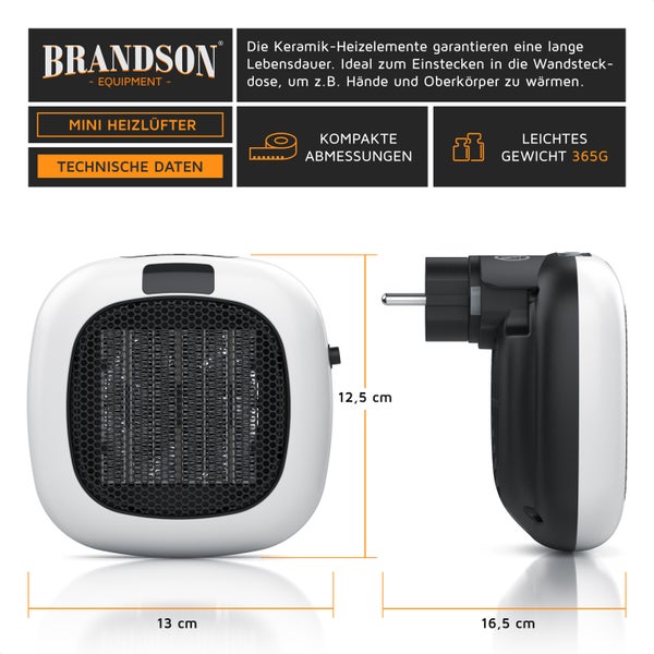 Brandson Steckdosen Heizlüfter 700W mit Fernbedienung, Thermostat, Timer 1-12 Stunden, Automatische Abschaltung, Überhitzungsschutz, Weiß