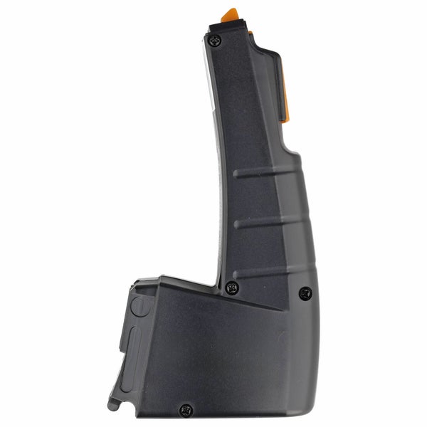 Magazin für Tacker oder Nagler aus schwarzem Kunststoff mit orangefarbenen Details.