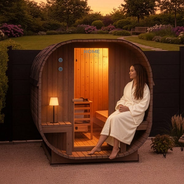 Fasssauna von Home Deluxe aus Holz in einem Garten bei Sonnenuntergang mit einer Frau im Bademantel auf der Außenbank.
