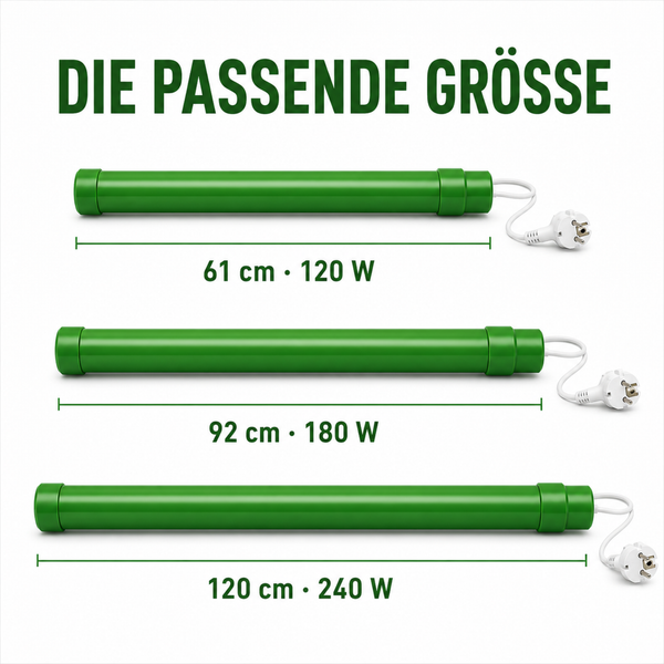 Drei verschiedene Groessen von roehrenfoermigen Heizungen mit Stecker in den Laengen 61 Zentimeter, 92 Zentimeter und 120 Zentimeter.
