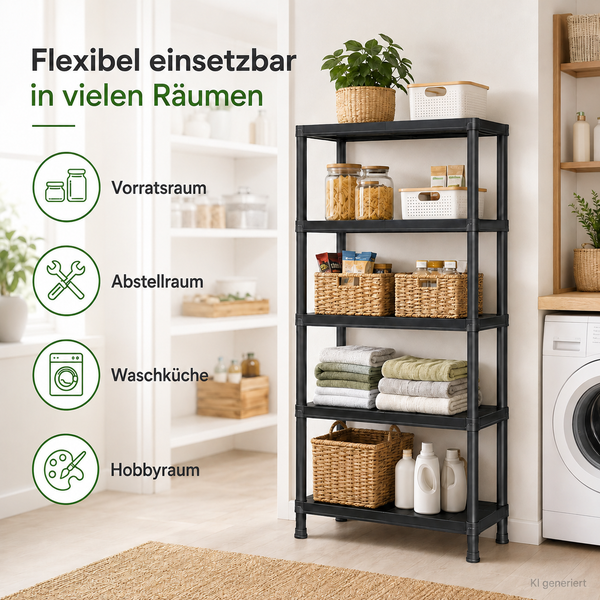 Kunststoffregal mit fünf Regalböden zur flexiblen Aufbewahrung in Vorratsraum, Abstellraum, Waschküche und Hobbyraum.