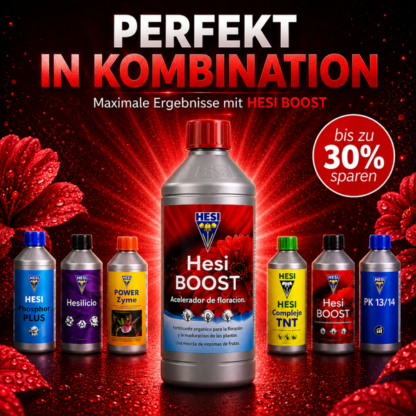 Hesi Boost Pflanzendünger in einer Auswahl verschiedener Hesi Produkte für die optimale Pflanzenpflege mit Ersparnisangebot.
