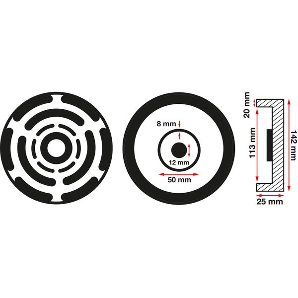 Masszeichnung einer runden Abdeckung mit Frontansicht, Draufsicht und Seitenansicht mit Massangaben in Millimetern.