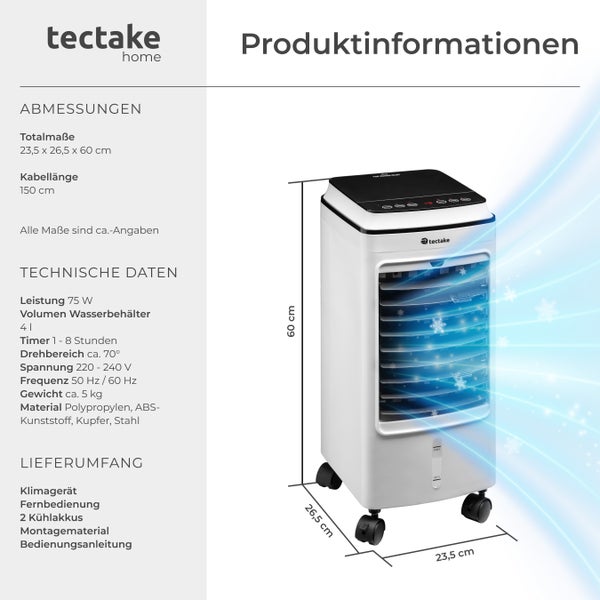 Klimagerät tectake Notos Touch-Bedienfeld mit LED-Beleuchtung, inklusive Fernbedienung mobil, mit drehbaren Lamellen weiß