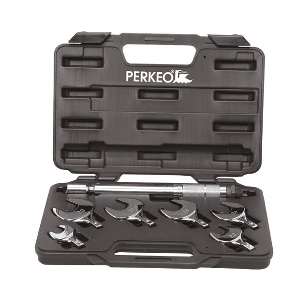 Perkeo Drehmomentschlüssel Set mit sechs silbernen auswechselbaren Einsteck-Maulschlüsseln in einem schwarzen Kunststoffkoffer.