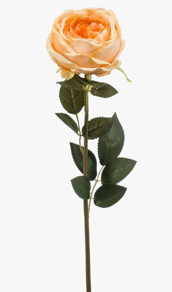 Künstliche Rose mit lachsfarbener Blüte aus Textil, grünem Stiel und Blättern.