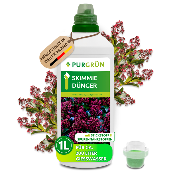 Purgrün Skimmie-Dünger in der 1 Liter Flasche, hergestellt in Deutschland, für circa 200 Liter Gießwasser, mit Stickstoff und Spurennährstoffen.