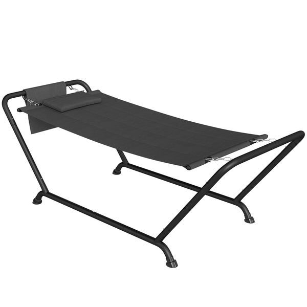 Hängematte mit Gestell aus schwarzem Metall und grauer Textil-Liegefläche inklusive Kopfkissen.
