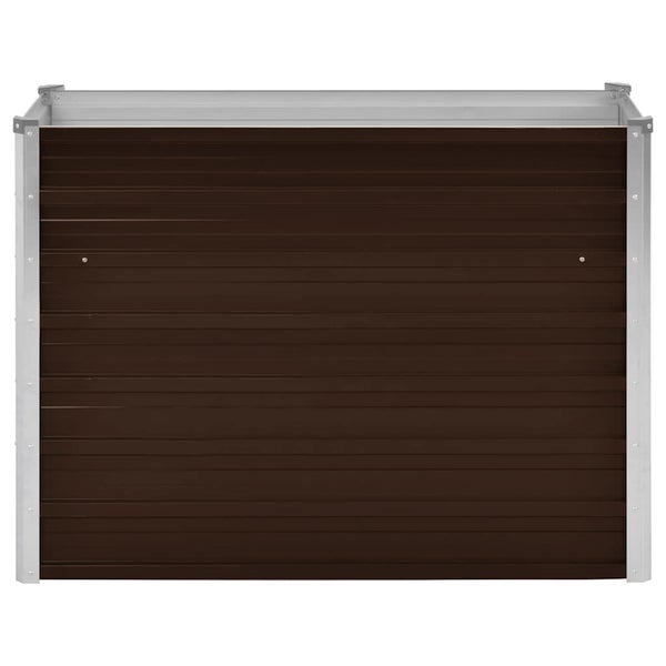 Rechteckiges Hochbeet aus Metall mit braunen Wellblech-Seitenwänden und silbernen Eckprofilen aus Aluminium.