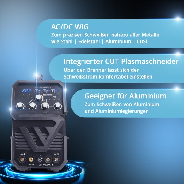 STAHLWERK Schweißgerät für Wechselstrom und Gleichstrom Wolfram-Inertgasschweißen mit integriertem Plasmaschneider, geeignet für Aluminium.