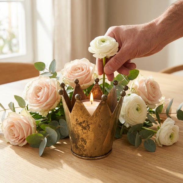 Ein metallener Kerzenhalter in Kronenform mit brennender Stumpenkerze, umgeben von einem Blumenbouquet aus Rosen und Ranunkeln auf einem Holztisch.