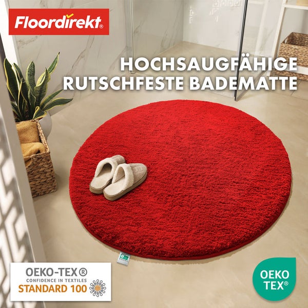 Hochflor Badematte, rund, rutschfest mit OEKO-TEX Siegel und Floor direkt Logo im Badezimmer