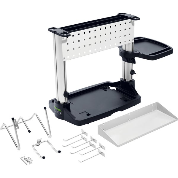 Festool Workcenter mit Lochwand aus Metall, verschiedenen Haken, Haltern und Ablageschalen zur Werkzeugorganisation am Arbeitsplatz.