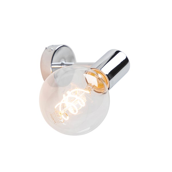 Wandstrahler aus Chrom mit einem eingeschalteten LED-Filament-Leuchtmittel in runder Form.