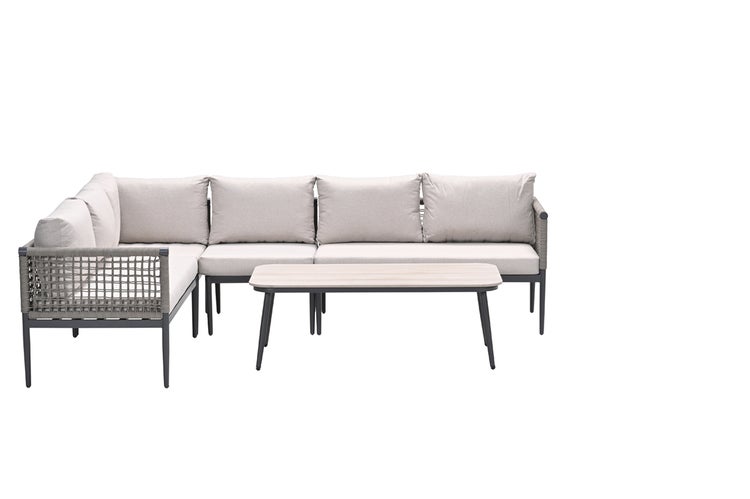 Garten-Lounge-Set bestehend aus einem Ecksofa mit Seilgeflecht, Sitzpolstern und einem passenden rechteckigen Couchtisch.