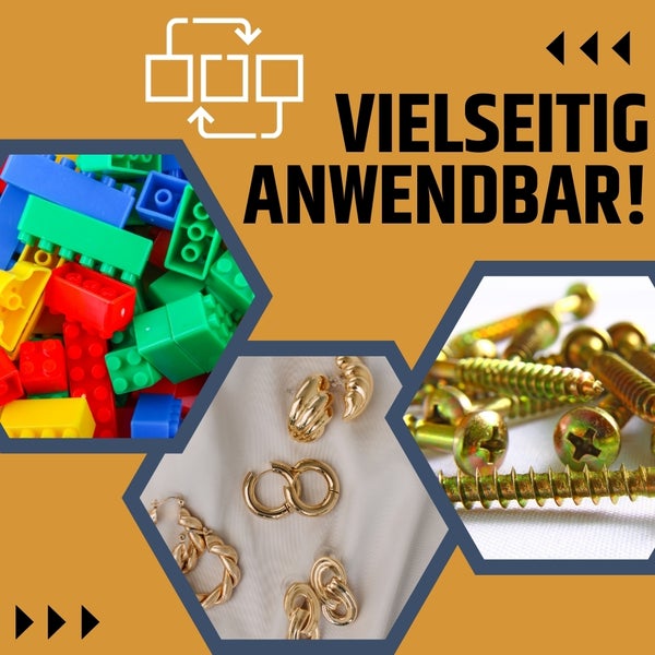 Illustration mit Spielzeugbausteinen, Ohrringen und Schrauben, die vielfältige Einsatzmöglichkeiten darstellt