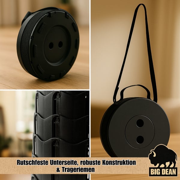 Zusammengeklappter, runder, schwarzer Teleskophocker mit Tragegurt und Big Dean Logo