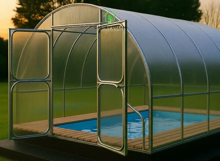 Schwimmbadüberdachung mit geöffneten Türen