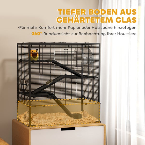 PawHut Hamsterkäfig für Zwerghamster, 4-stufiges Nagerkäfig mit Glasboden, Hütte, Laufrad, Rampen, Futterschale, Kleintierkäfig Zwerghamsterkäfig 78,5 x 48,5 x 80 cm Schwarz