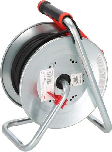 Kabeltrommel mit schwarzem Kabel und Metallrahmen