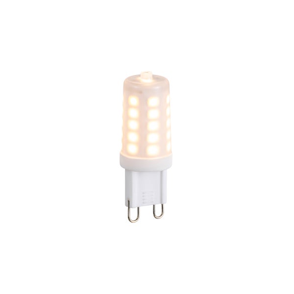 Leuchtendes G9 LED Leuchtmittel mit warmweißem Licht und Stiftsockel.