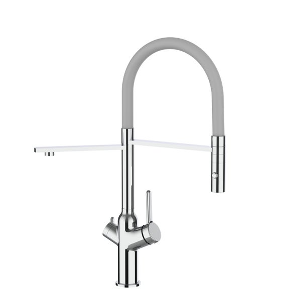 4 Wege Wasserhahn Küchenarmatur, BOD, mit 360° schwenkbarem Auslauf, abnehmbare 2 strahl Handbrause, Verchromt / Grau