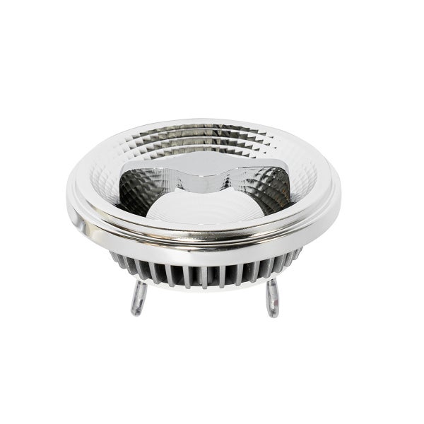 LED-Reflektorlampe AR111 mit G53 Sockel, verchromt, mit Kühlrippen.
