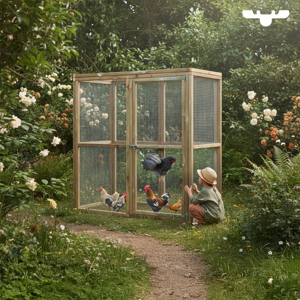 Freilaufgehege aus Holz mit Hühnern in einem Garten, beobachtet von einem Kind