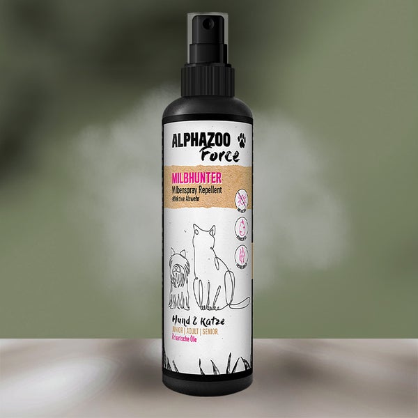 ALPHAZOO MilbHunter Milbenspray 500ml für Hunde und Katzen I Starkes Anti Milbenmittel